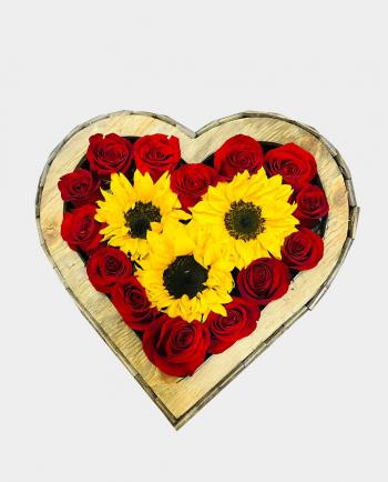 Rosas y Girasoles - Corazón de Madera